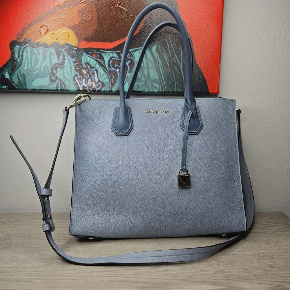 Michael Kors Mercer Large Pebbled Leather Accordion Tote in Pale Blue
